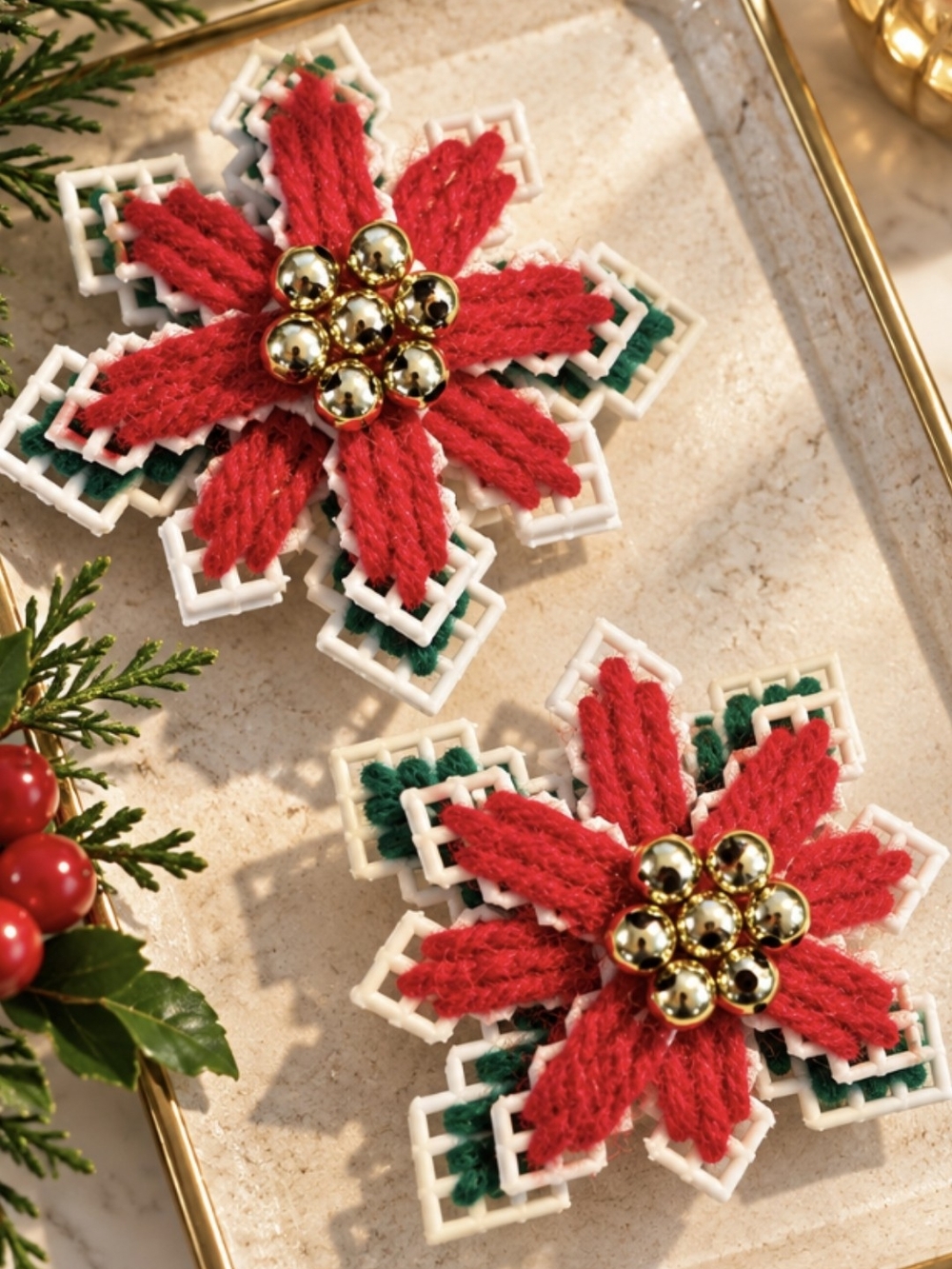 Handmade Red Poinsettia Holiday Brooches